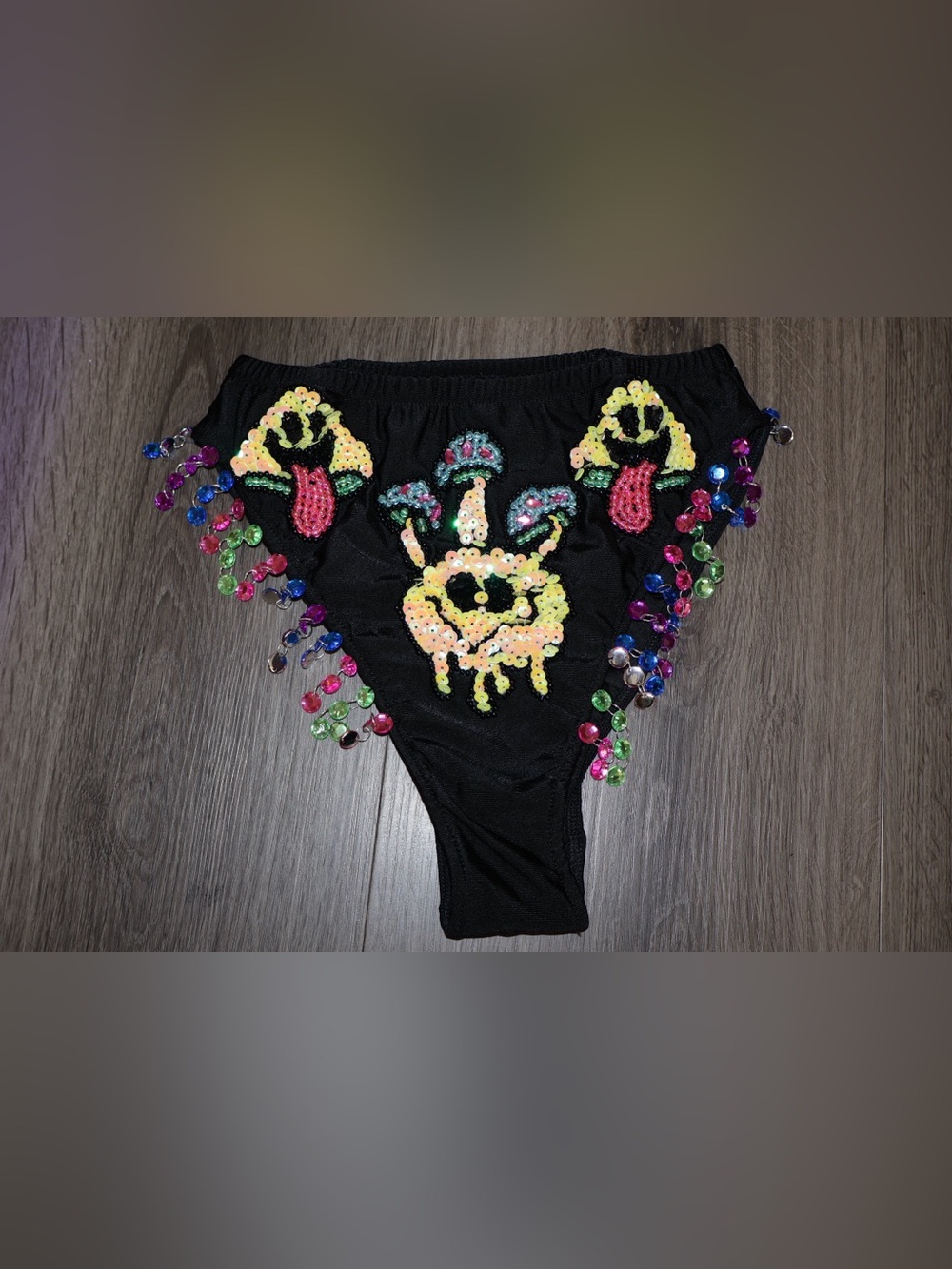 womens Sequin Mushroom High Waisted Rave Bottoms Colorful Jewel Fringe Festival